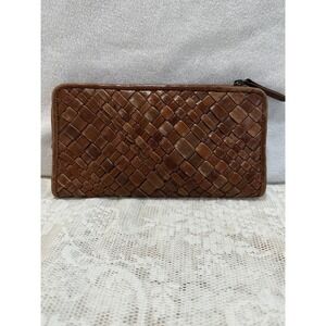 Genuine Leather Woven Zip Around Wallet Brown Card Holder Organizer